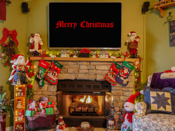 istock Interior Christmas Display with Fireplace and Decorations 1129871756