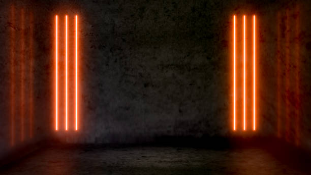 Empty dark abstract room with orange fluorescent neon lights. stock photo