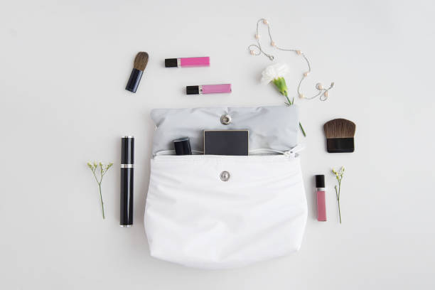 Make up products. Make up bag with cosmetics. stock photo