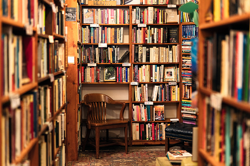 An array of book titles under a variety of category headings on bookshelves above a wooden chair in the corner of a San Francisco second-hand bookstore.