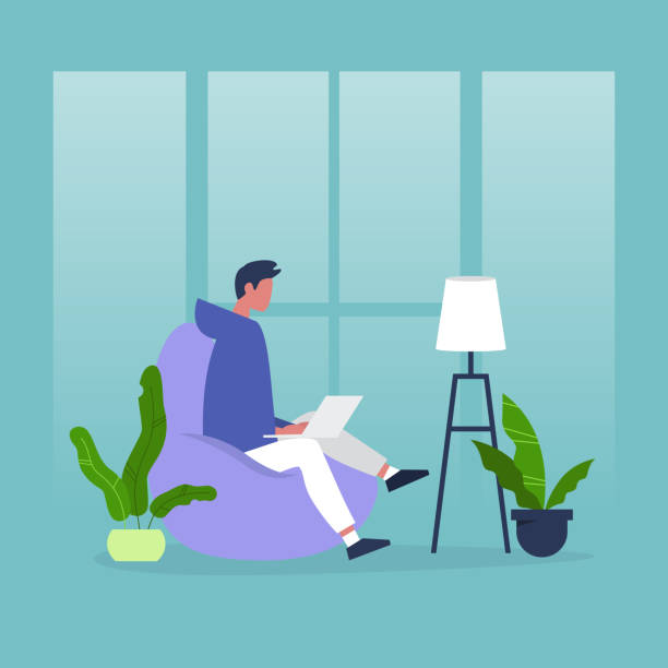 Office furniture. Young male manager sitting on the bean bag chair. Daily life. Flat editable vector illustration, clip art Office furniture. Young male manager sitting on the bean bag chair. Daily life. Flat editable vector illustration, clip art business person typing on laptop stock illustrations