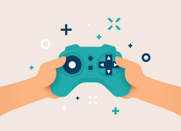 Gamer using Gaming Controller Person hands holding gaming controller gamer playing a console game. video game stock illustrations