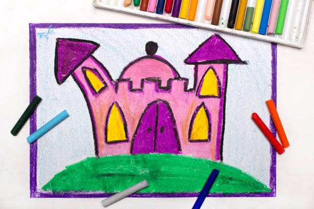 istock Colorful drawing: Cute pink princess castle 1129878858