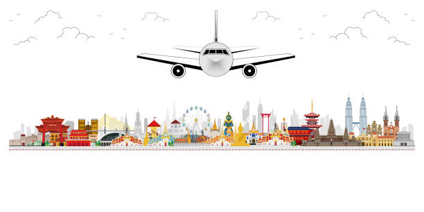 istock Airplane Seat Economy Class. Welcome to Asia and landmarks. Flat design 1129879077