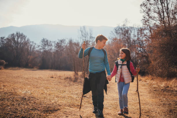 Brother and sister hiking