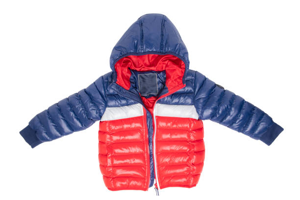 winter jacket isolated. a stylish blue and red warm down jacket with red lining for the kids is isolated on a white background. childrens wear with hood for spring and autumn. - fleece coat imagens e fotografias de stock