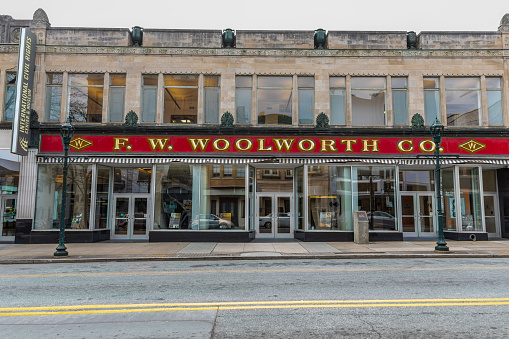 Greensboro, NC, USA-2/14/19: The F W. Woolworth building where the first \