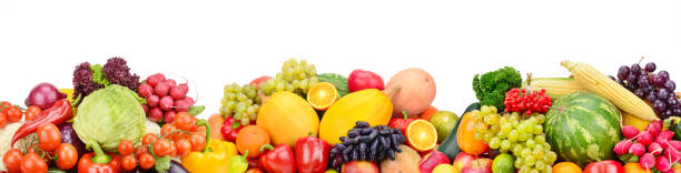 istock Collection fresh fruits and vegetables isolated on white background. 1129891158
