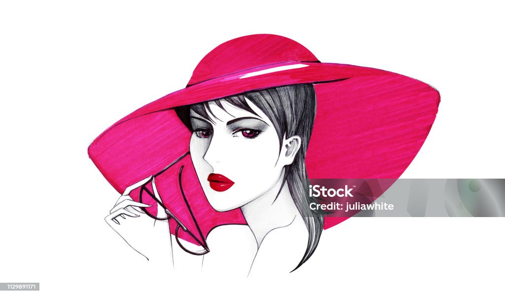 Lady in a red hat and with glasses in her hands. Lady in a red hat and with glasses in her hands. Figure ballpoint pen and red marker Drawing - Art Product stock illustration