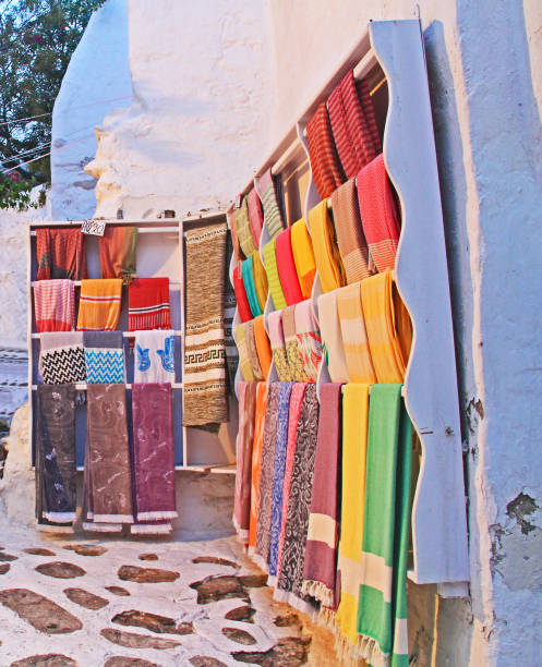 istock Colorful Textiles on Outside Store Display in Mykonos, Greece 1129891297
