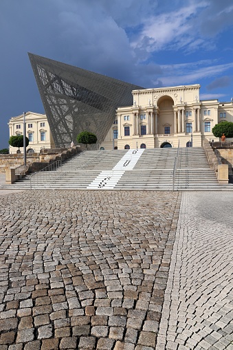 Bundeswehr Military History Museum in Dresden, Germany. The new building opened in 2011 was designed by Daniel Libeskind in deconstructivism style.