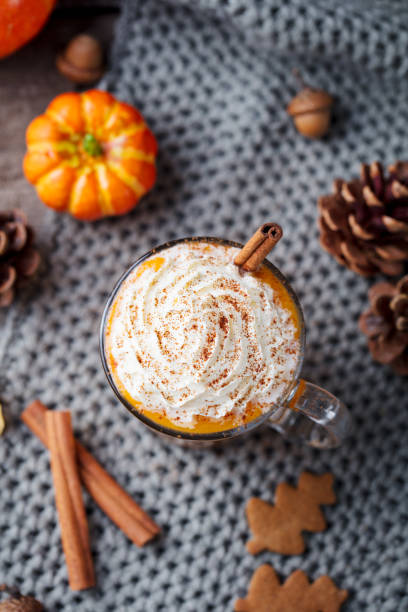 istock Pumpkin latte with spices and whipped cream. Grey background. Copy space. Top view. 1129894036