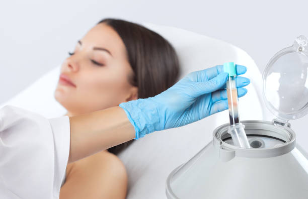 The blood tube is removed from the medical centrifuge for plasma lifting. The blood tube is removed from the medical centrifuge for plasma lifting. Prp procedure. human centrifuge stock pictures, royalty-free photos & images