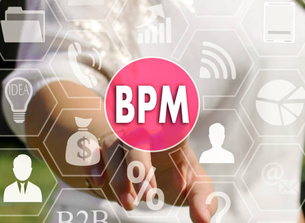 istock Businesswoman pushes a button BPM, Business Process Management on the touch screen 1129898919