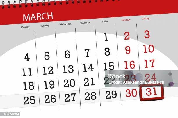 Calendar Planner For The Month March 2019 Deadline Day 31 Sunday Stock Illustration - Download Image Now