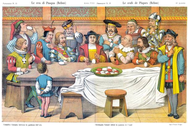 Easter eggs, knowing the artifice, satirical cartoon weekly of 1880 by Augusto Grossi for a weekly publishing by Il Papagallo magazine political joke stock illustrations
