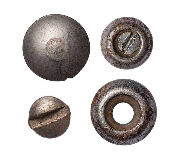 Top view on set of old rusty metal rivet and screw heads Top view on set of old rusty metal rivet and screw heads isolated on white background rivet stock pictures, royalty-free photos & images