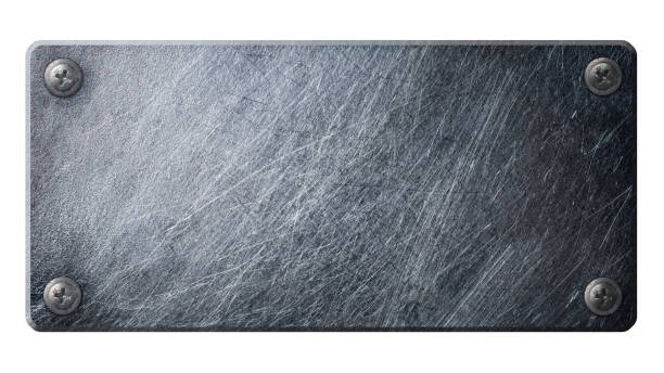istock Gray grunge scratched metallic nameplate on rivets 1129904603