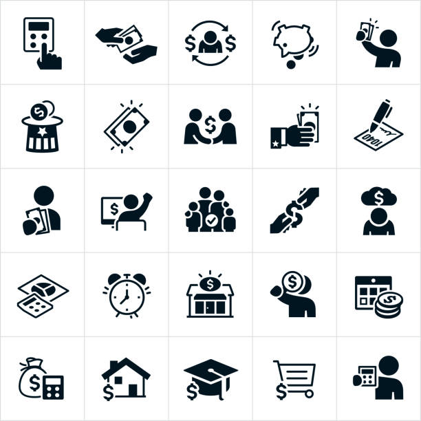 Taxes Icons A set of taxes icons. The icons include tax preparation, tax refunds, calculator, owing taxes, paying taxes, cash, money, payroll taxes, tax forms, tax deductions, back taxes and debt, an alarm clock, tax center, mortgage, education and sales tax to name just a few. tax symbols stock illustrations