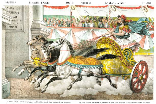 The chariot of Achilles, satirical cartoon weekly of 1880 by Augusto Grossi for a weekly publishing by Il Papagallo magazine chariot racing stock illustrations