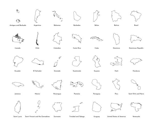 zestaw ilustracji wektorowych z uproszczonymi mapami wszystkich stanów południowych, północnych i amerykańskich (krajów). sylwetki czarnej linii, białe tło - south america stock illustrations