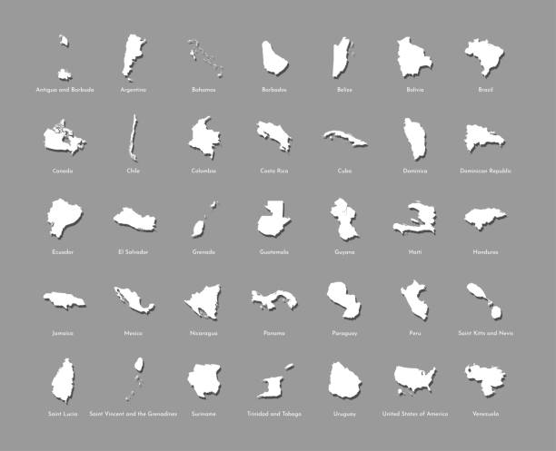 Vector illustration set with simplified maps of all South, North and Cental American states (countries) Vector illustration set with simplified maps of all South, North and Cental American states (countries). White silhouettes, grey background. Alphabet order grenada caribbean map stock illustrations