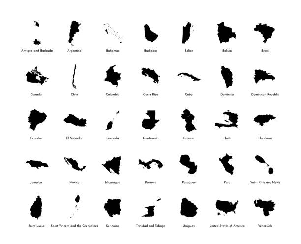 ilustraciones, imágenes clip art, dibujos animados e iconos de stock de ilustración de vector establece con mapas simplificados de todo hacia el sur, del norte y américa estados (países). siluetas negras - país