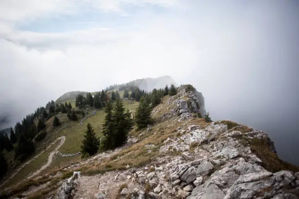 Mountain Breitenstein in foggy autumn