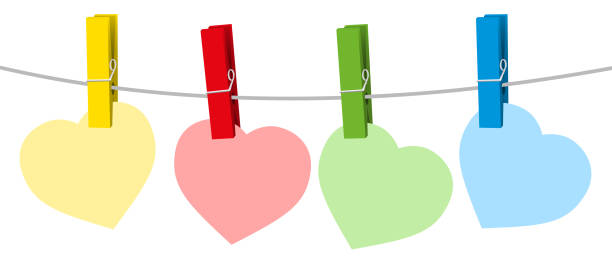 ilustrações de stock, clip art, desenhos animados e ícones de four colored paper hearts and clothes pins on a clothes line rope. isolated vector illustration on white background. - adhesive note note pad clothespin reminder