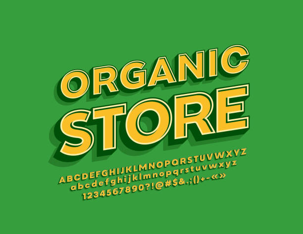 ilustrações de stock, clip art, desenhos animados e ícones de vector retro style emblem organic store with stylish 3d alphabet - letter alphabet symbol fruit