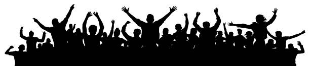 Cheerful people having fun celebrating. Crowd of fun people on party, holiday. Applause people hands up. Emotional event. Silhouette Vector Illustration, banner Cheerful people having fun celebrating. Crowd of fun people on party, holiday. Applause people hands up. Emotional event. Silhouette Vector Illustration, banner crowd of people silhouettes stock illustrations