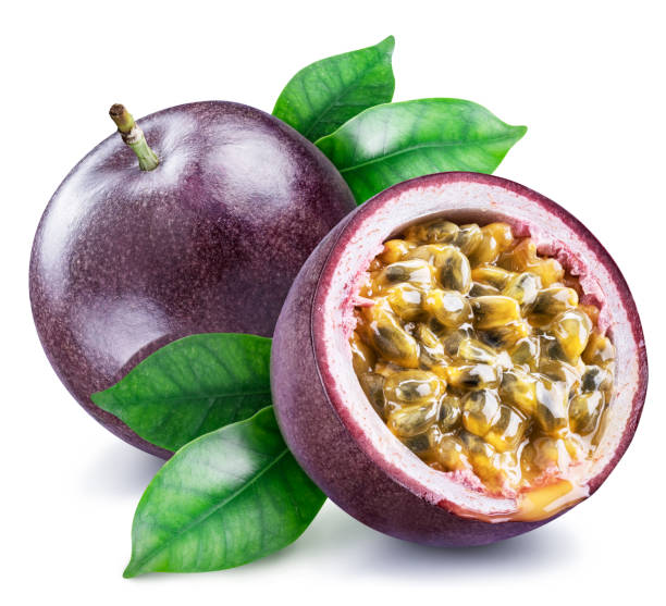 istock Passion fruit and its cross section with pulpy juice filled with seeds. 1129916899