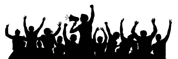 istock Political demonstration. Cheerful party man with speaker. Protest angry youth crowd. Riot silhouette vector 1129916972