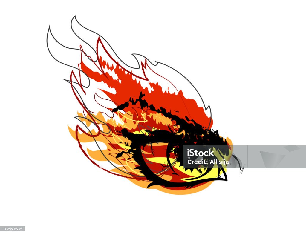 Glowing , burning, a dangerous one eye symbol Gaze terrible on a white background flame in the side of the eye Black Color stock vector