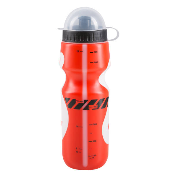 istock red bicycle plastic bottle for water, with marks of capacity, on a white background, isolate 1129922242