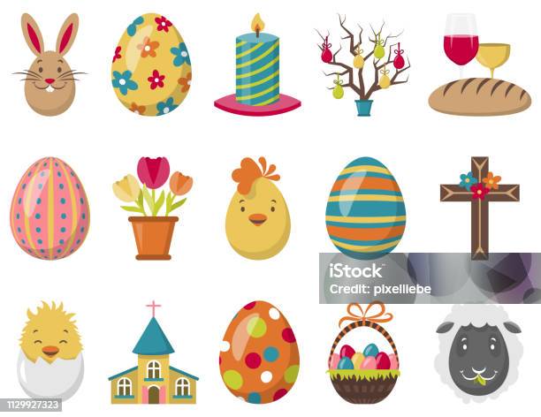 Colorful Easter Vector Icons Set Isolated Stock Illustration - Download Image Now - Easter, Icon Symbol, Easter Egg