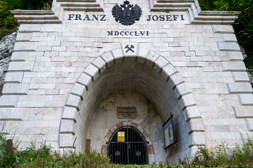 Hallstatt, Austria - 19 August 2018: Old entrance to the Franz Josef salt mine above Hallstatt, Austria. Built in 1856, above Hallstatt, Salzkammergut, Austria, Europe.