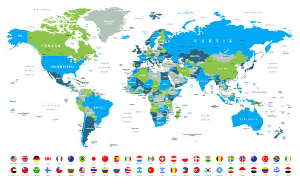 mapa świata i najpopularniejsze flagi - granice, kraje i miasta -ilustracja - japan spain stock illustrations