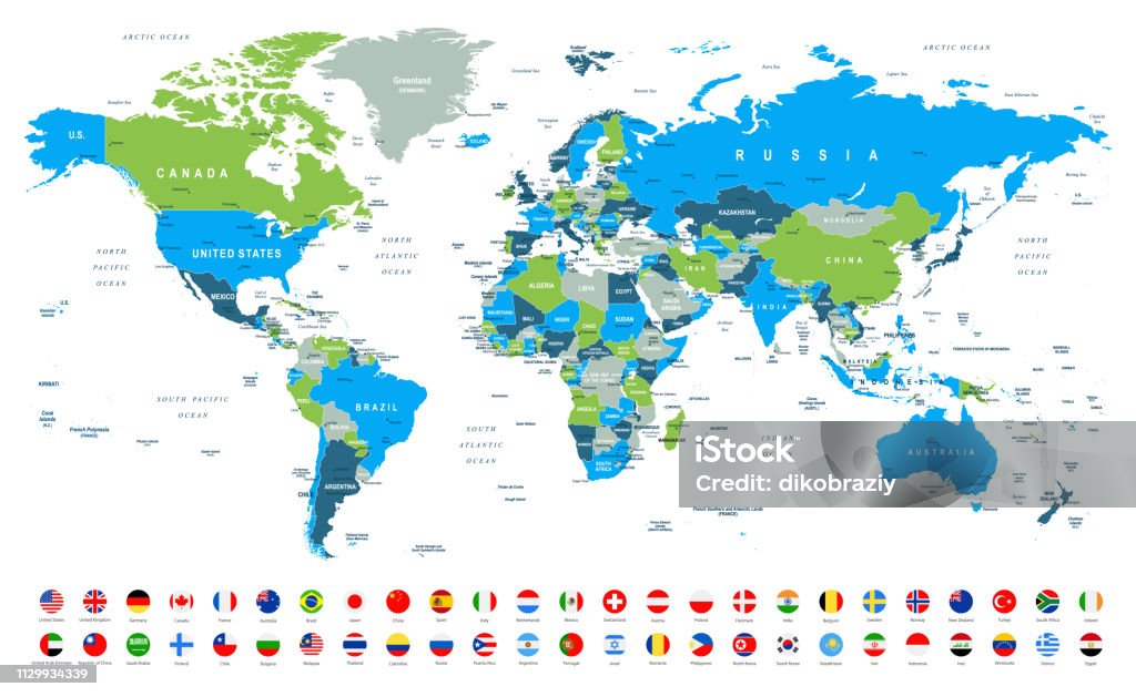 Карта мира и самые популярные флаги - границы, страны и города -иллюстрация - Векторная графика Карта мира роялти-фри