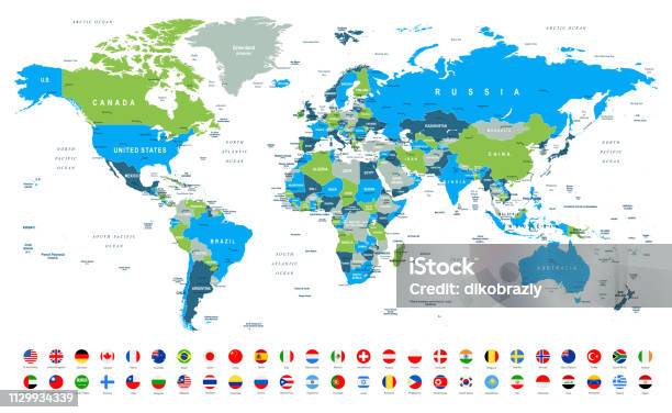 Карта Мира И Самые Популярные Флаги Границы Страны И Города Иллюстрация — стоковая векторная графика и другие изображения на тему Карта мира