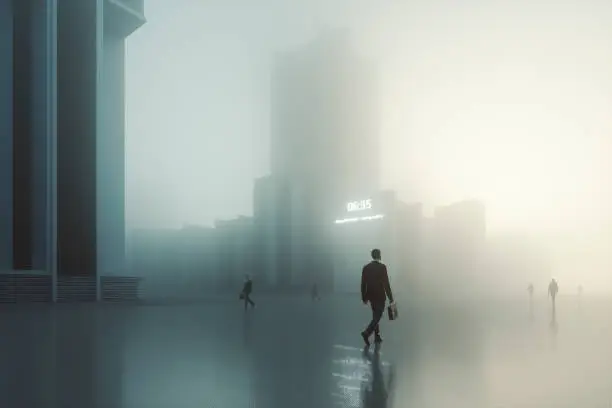 Futuristic dystopian city with walking businessmen. This is entirely 3D generated image.