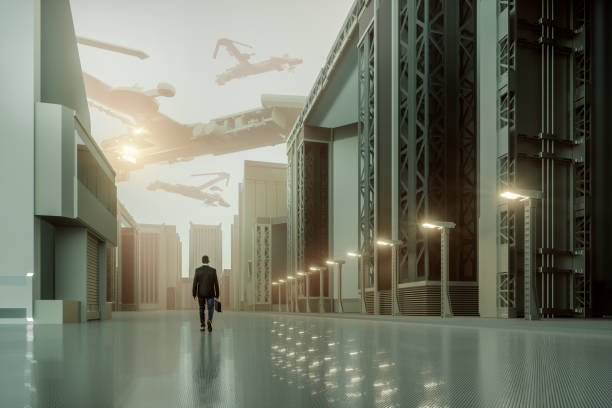 istock Futuristic dystopian city with walking businessman 1129963154