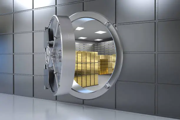 3d rendering metallic bank safe or steel safe open