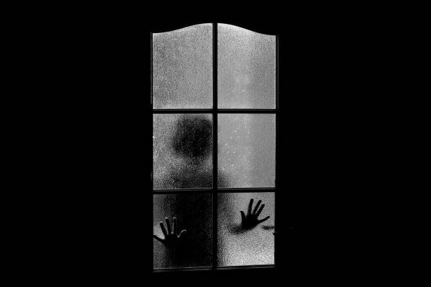 silhouette scura di ragazza dietro il vetro. chiuso da solo nella stanza dietro la porta ad halloween in scala di grigi. incubo di un bambino con alieni, mostri e fantasmi. il male in casa in bianco e nero. all'interno di una casa infestata. - nuthouse foto e immagini stock