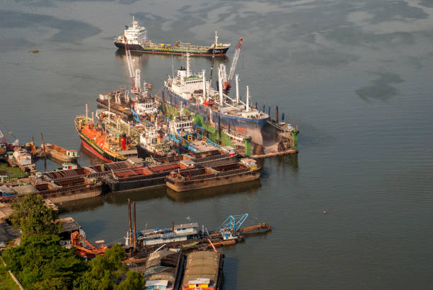 istock Transport ship parked in the river 1129965341