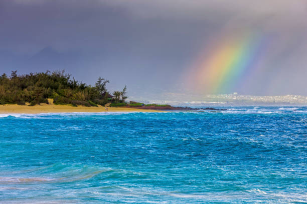 The ocean is rough and the waves are crashing against the rocks. The sky is cloudy and the water is a deep blue color