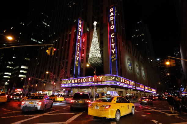 Manhattan, NY, USA - December 14, 2014: Views of Radio Music Hall at night during the holidays. This location is a famous venue for staged shows and events