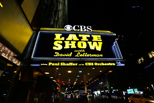 Manhattan, NY, USA - December 14, 2014: Views of The David Letterman Late show sign on Broadway. The show is no longer running but it is a historical look at Broadway venue in 2014 before the show was cancelled.