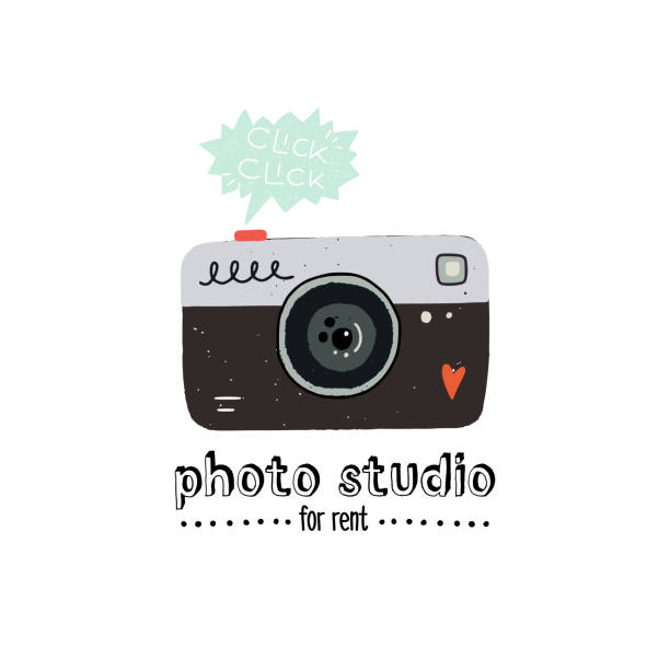 Cartoon photo camera emblem Flat style snapshot camera with lettering inscription Photo studio for rent. Vector illustration of photographer outfit. Designed for decoration of a store, site, sing, business card, album etc. computer mouse photos stock illustrations