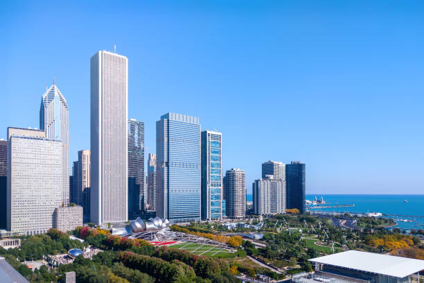 New Eastside cityscape with view of Lake Michigan, public parks and attractions. Chicago, USA. stock photo